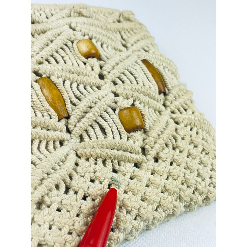 ~ Boho Macrame Wristlet Bag Clutch Purse Festival Cream Wood Beads Handbag - Picture 2 of 13